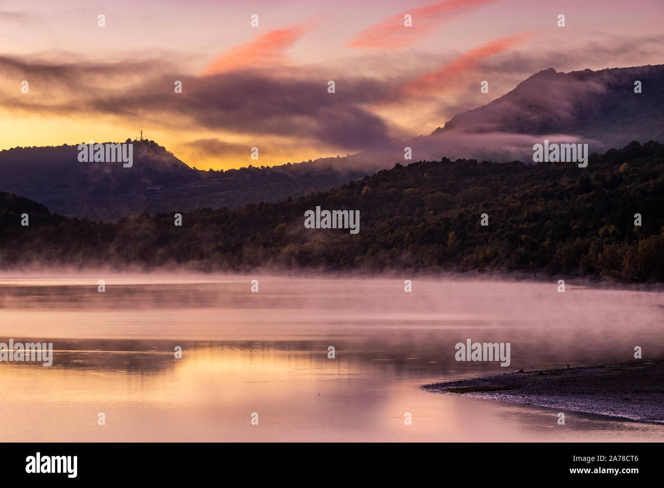 Early morning mist over river, Abruzzon National Park, Italy Stock Photo