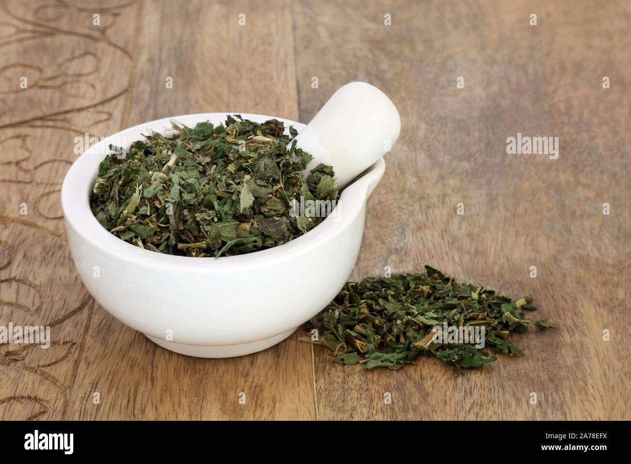 Pellitory of the wall herb leaf in a mortar with pestle used in herbal medicine to treat urinary infections, kidney pain & stones. Stock Photo