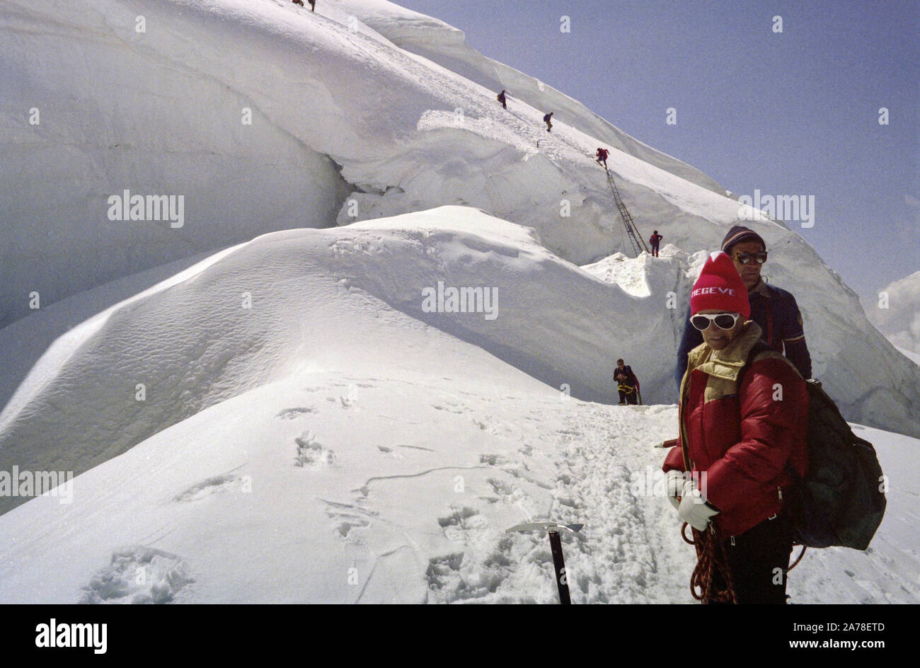 Climbing Mont Blanc du Tacul in 1980 : before the rimaye with ladders ...