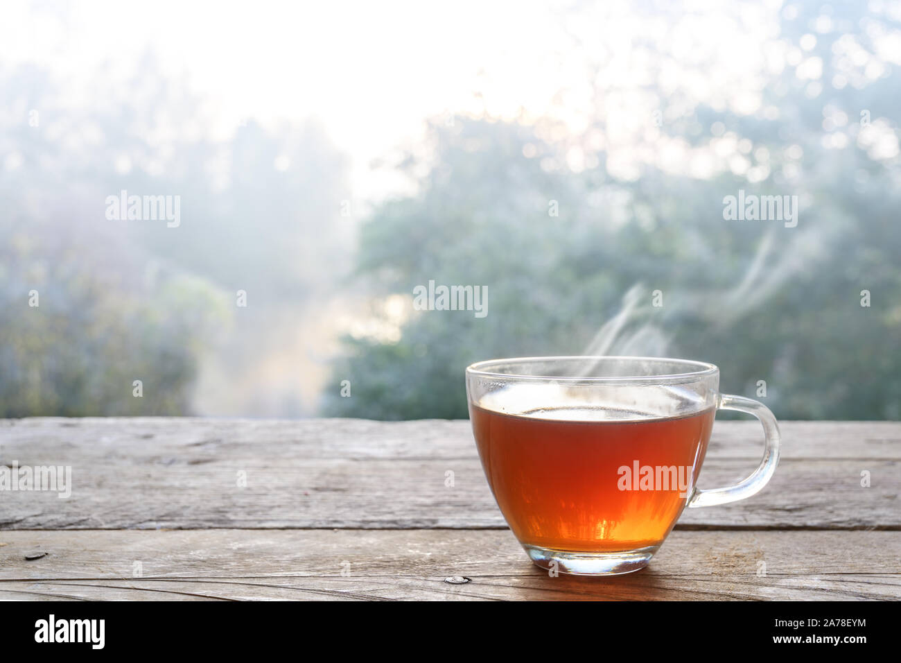Hot steaming tea in a glass cup on a rustic wooden outdoor table on a cold foggy winter day, copy space, selected focus, narrow depth of field Stock Photo