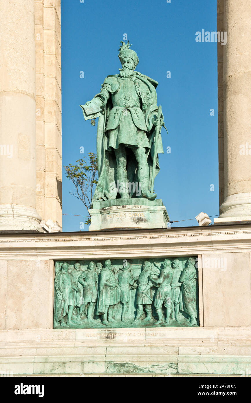 Statue of Gábor Bethlen (Prince of Transylvania and Duke of Opole), in Milennium Monument of Heroes' Square, Budapest, Hungary Stock Photo