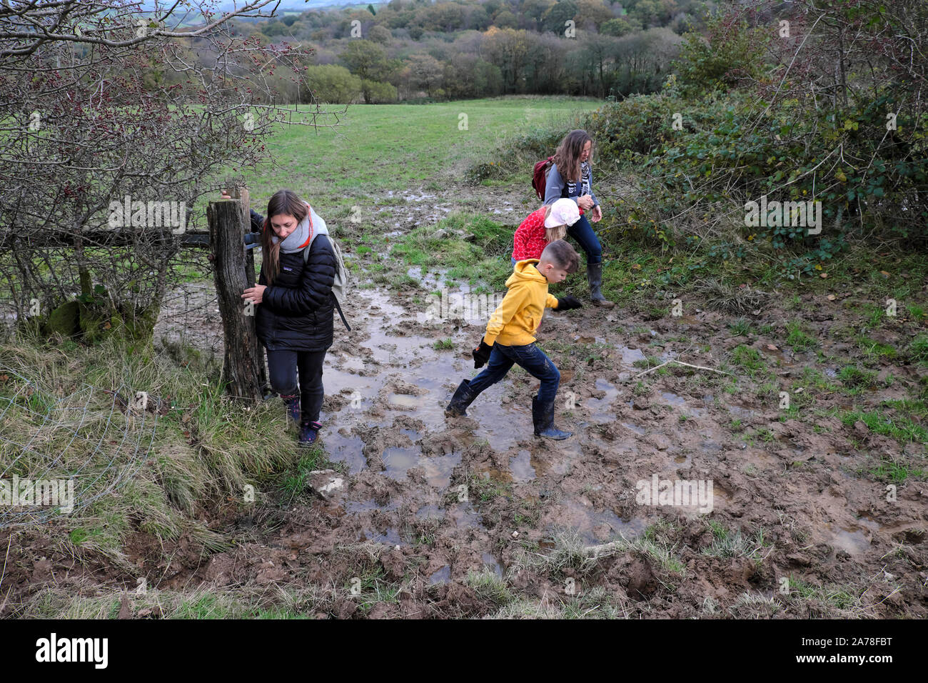 Family children walking through a muddy field puddle in the countryside at half term break in autumn in Carmarthenshire Wales UK  KATHY DEWITT Stock Photo