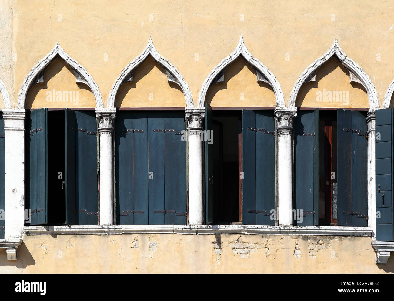 Traditional Windows with Green Shutters, Venice Italy Stock