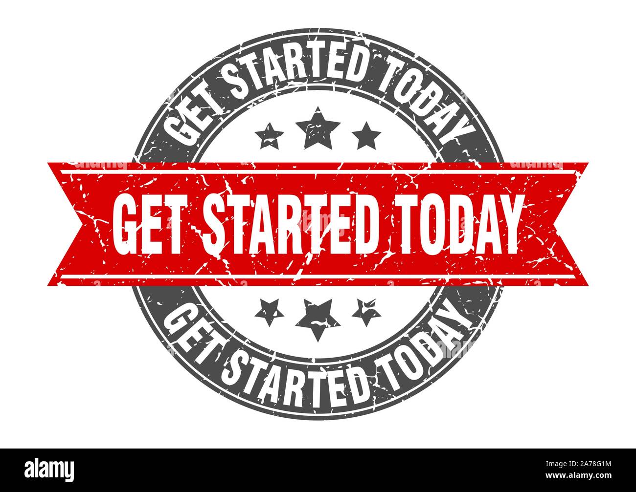 get started today round stamp with red ribbon. get started today Stock Vector