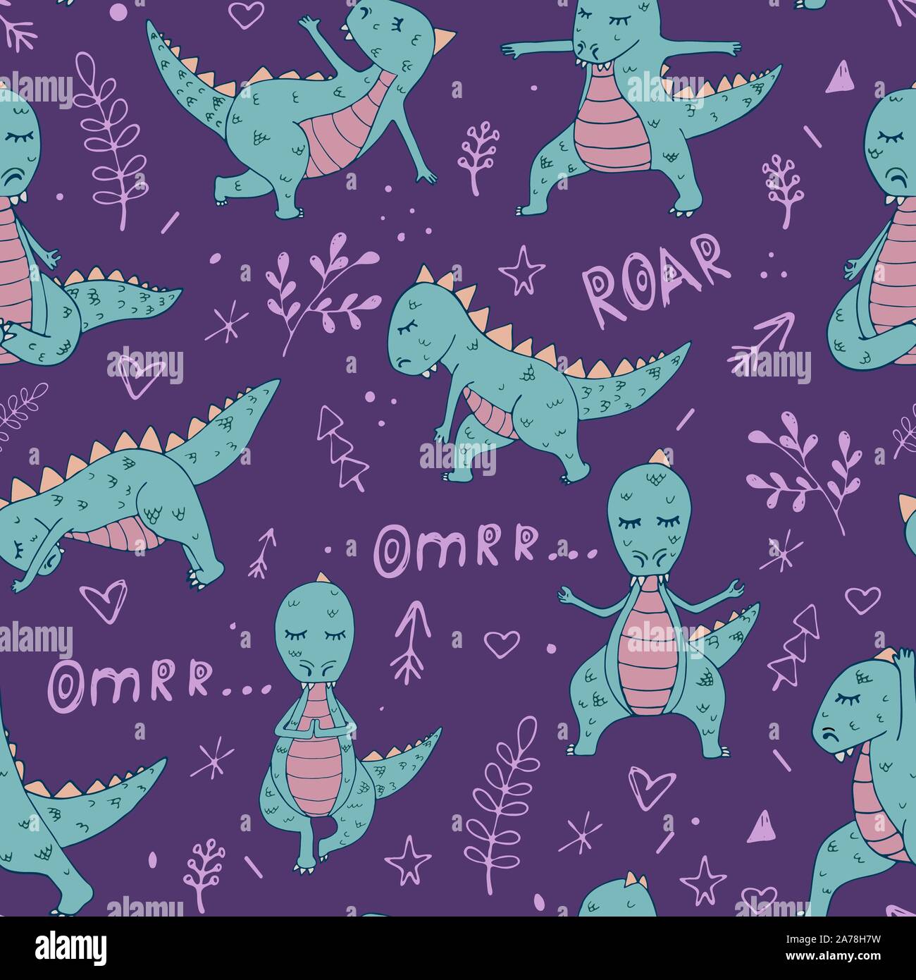 Dinosaur in yoga asanas, hand drawn vector seamless pattern Stock Vector