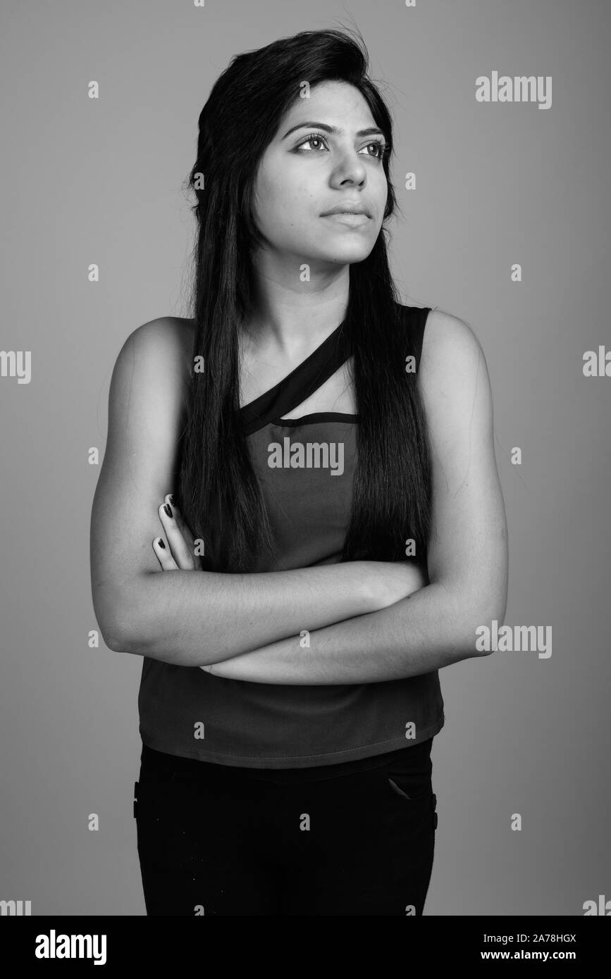 Indian girl with long black hair Black and White Stock Photos & Images ...