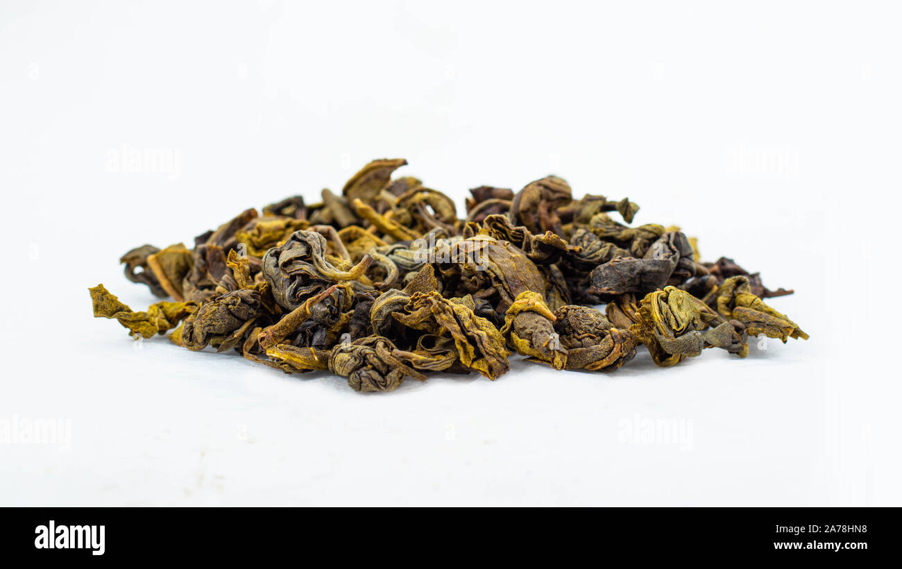 Close up  of Ceylon green tea - Gun powder (GP01) Pure sri lankan green tea - best quality green tea Stock Photo