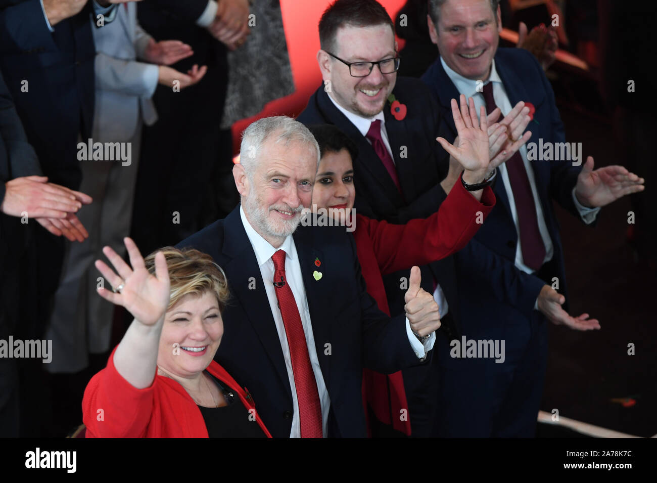 (left to right) Emily Thornberry, Labour Leader Jeremy Corbyn, Andrew Gwynne and Keir Starmer kick off the Labour Party's General Election campaign at the Battersea Arts Centre, London. Stock Photo