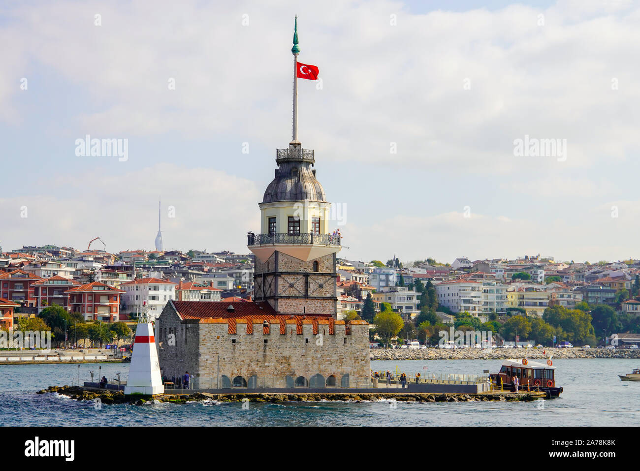 The Maiden’s Tower is a quaint tower in Bosphorus strait off of the coast of Istanbul, Turkey. Stock Photo