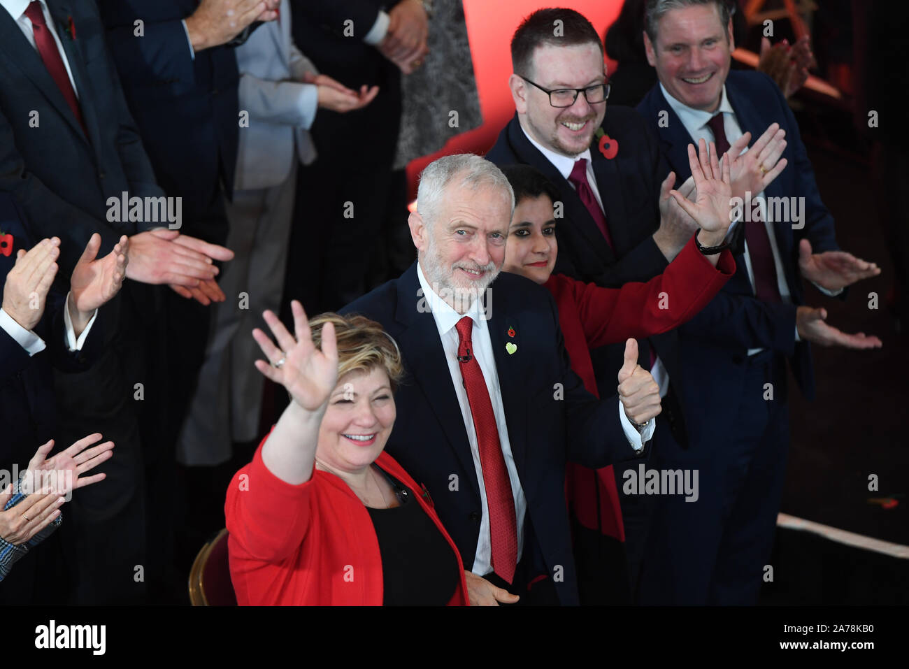 (left to right) Emily Thornberry, Labour Leader Jeremy Corbyn, Andrew Gwynne and Keir Starmer kick off the Labour Party's General Election campaign at the Battersea Arts Centre, London. Stock Photo