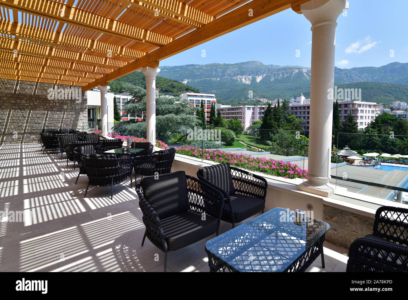 A Wicker chairs and table on the outdoor terrace Stock Photo - Alamy