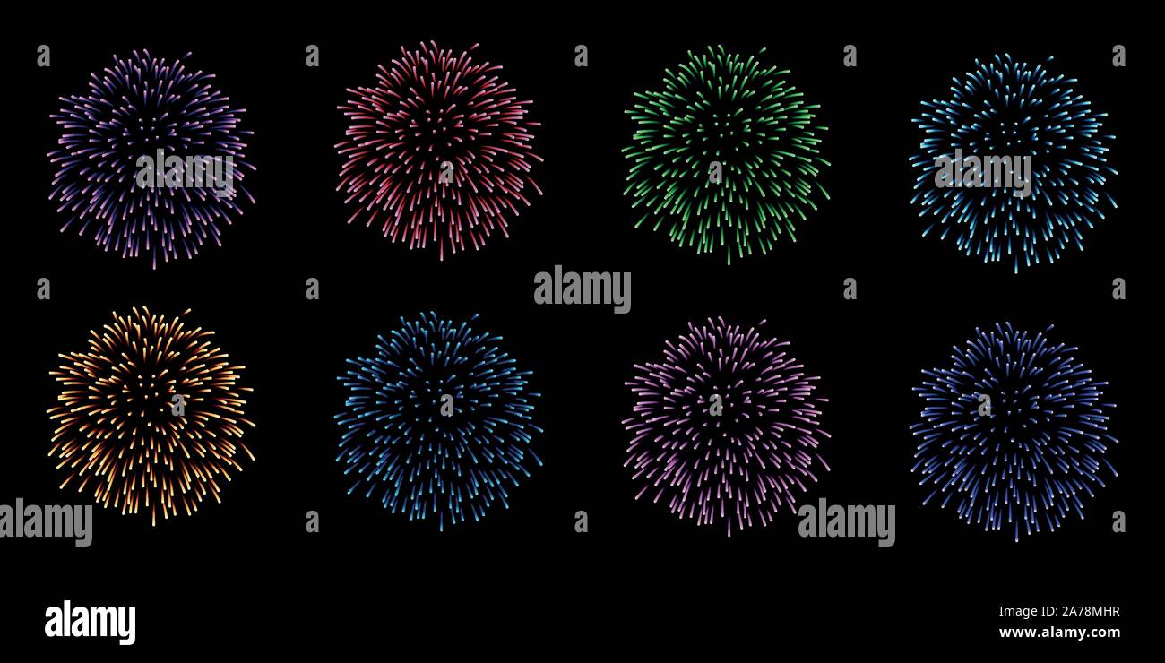 Collection or set of eight fireworks vectors icons in multiple gradient colors isolated on black background for new years eve celebration Stock Vector