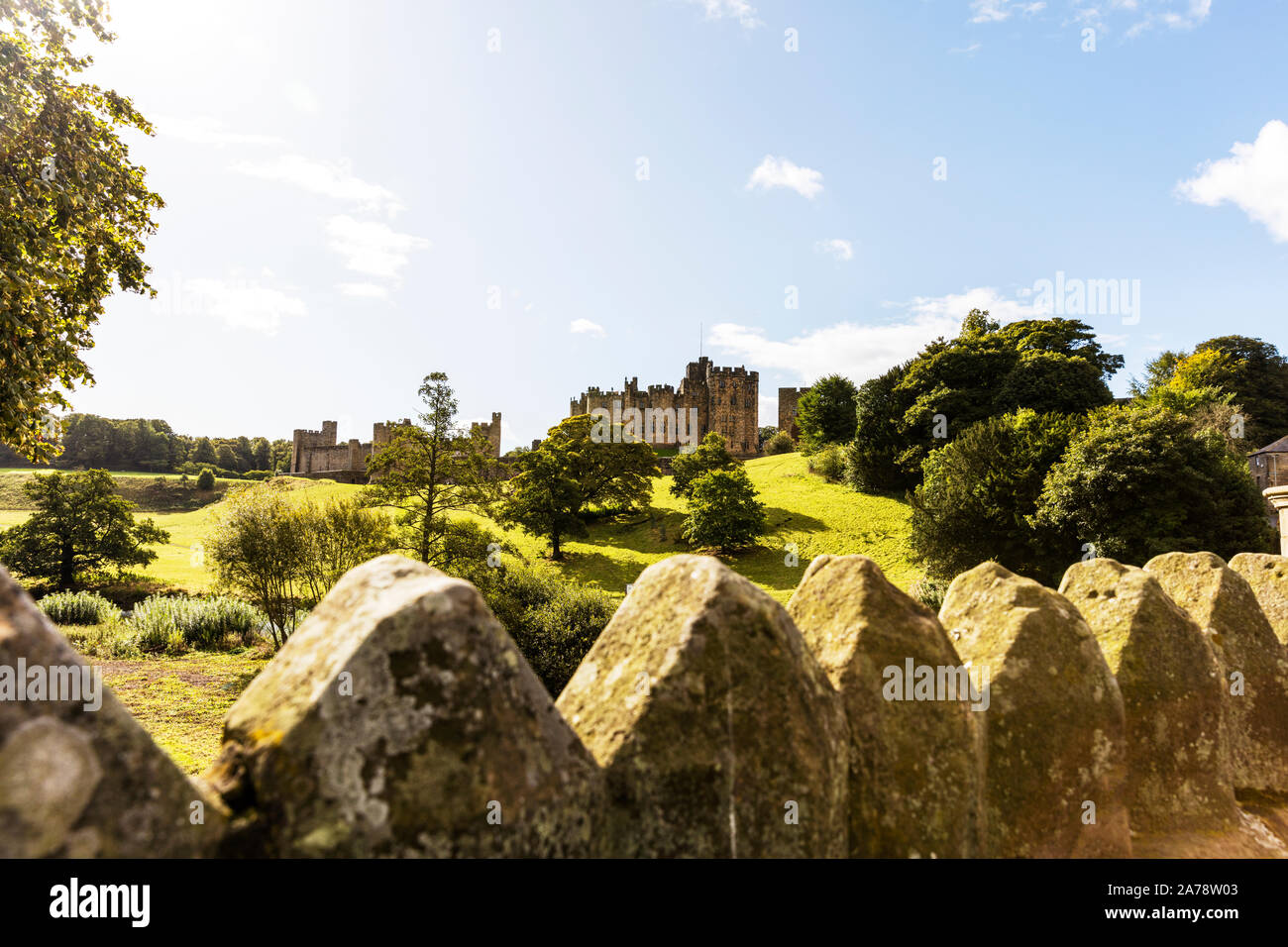 Alnwick Castle, Alnwick castle, Alnwick, Northumberland, England, UK, castle, castles, exterior, grounds, castle grounds, facade, building, Stock Photo