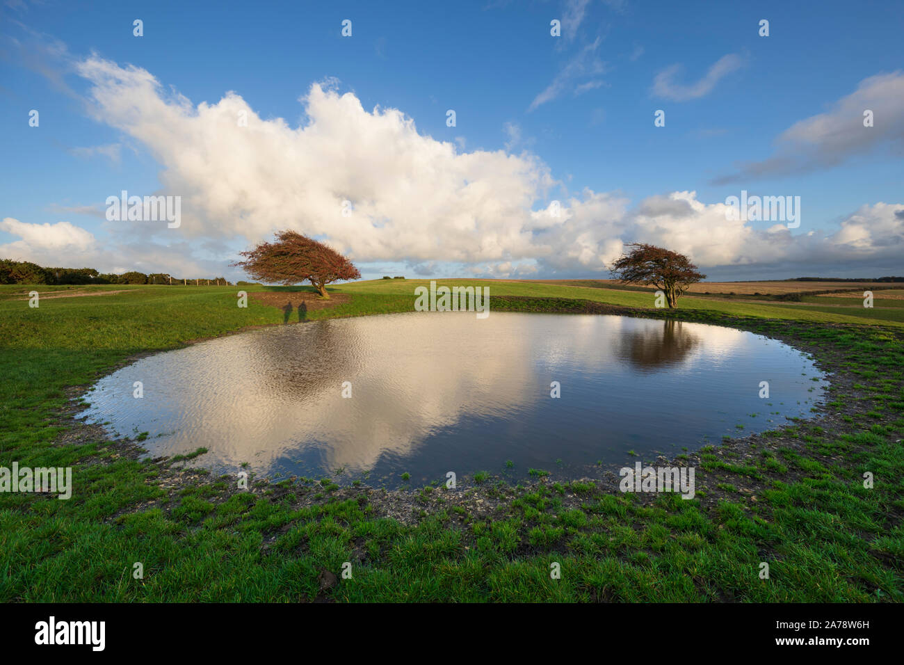 Dew pond with dramatic clouds on Ditchling Beacon, Ditchling, South Downs National Park, East Sussex, England, United Kingdom, Europe Stock Photo