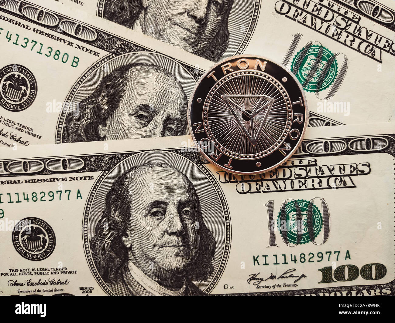 Tron TRX physical coin in US dollars. Digital currency Stock Photo Alamy