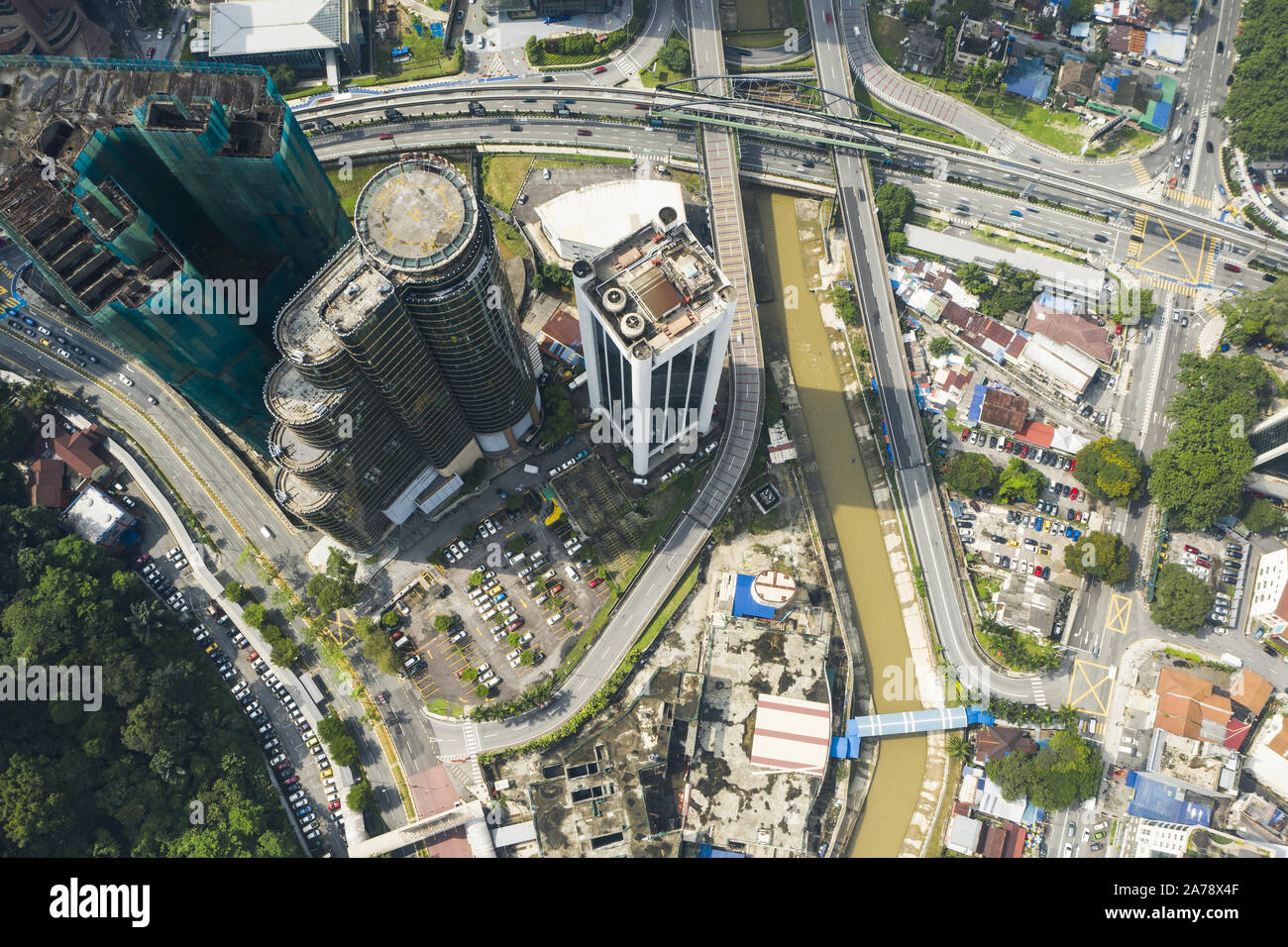 View from above, stunning aerial view of Kuala Lumpur city with the Klang River flowing through. Kuala Lumpur, Malaysia Stock Photo