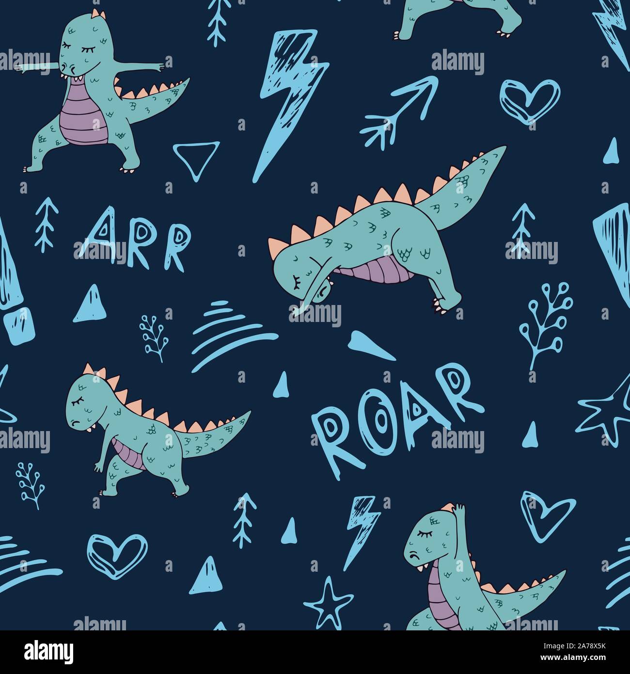 Dinosaur in yoga asanas, hand drawn vector seamless pattern Stock Vector