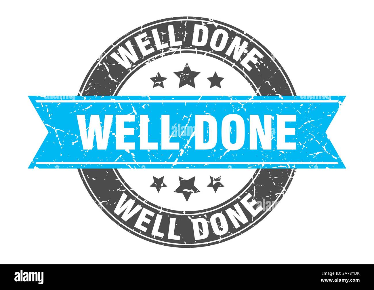 well done round stamp with turquoise ribbon. well done Stock Vector