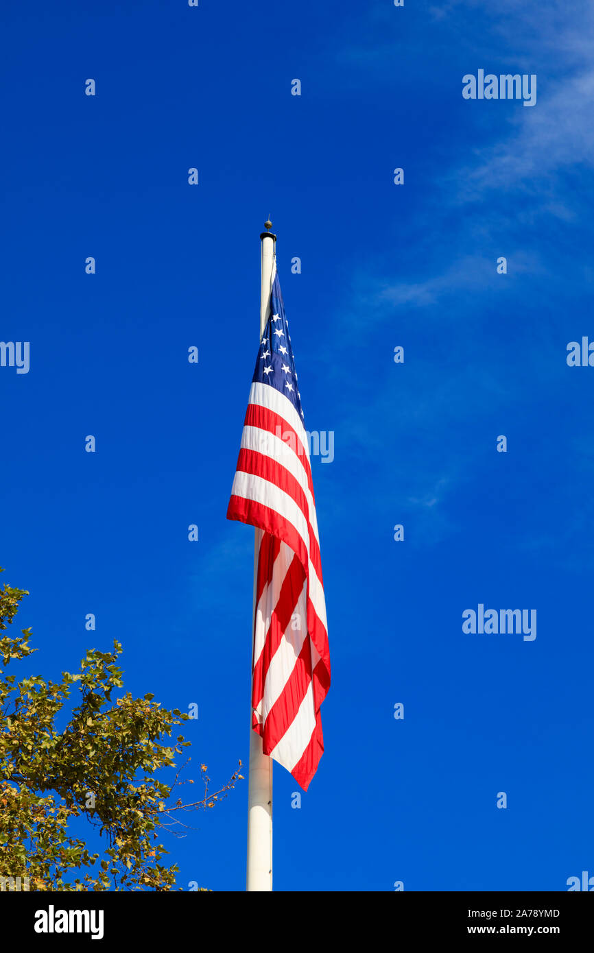 The National Flag of the United States of America. AKA - Old Glory, the Stars and Stripes, the Star Spangled Banner, The Red, White and blue. Stock Photo