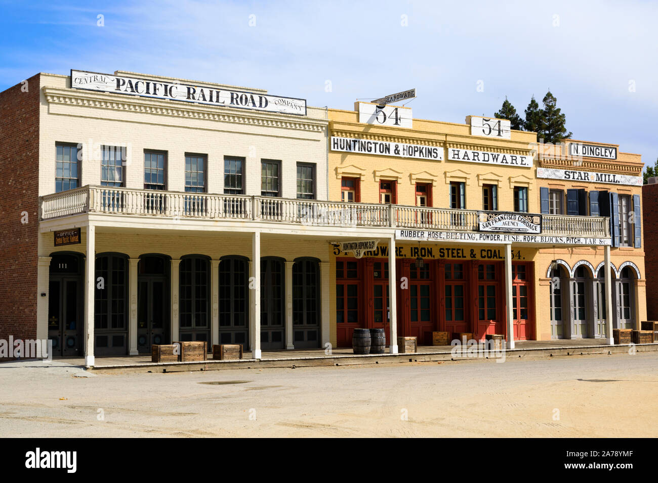 Central Pacific Rail road Company office, Huntington and Hopkins hardware store and N. Dingley Star Mill, Old Town, Sacramento, California USA Stock Photo