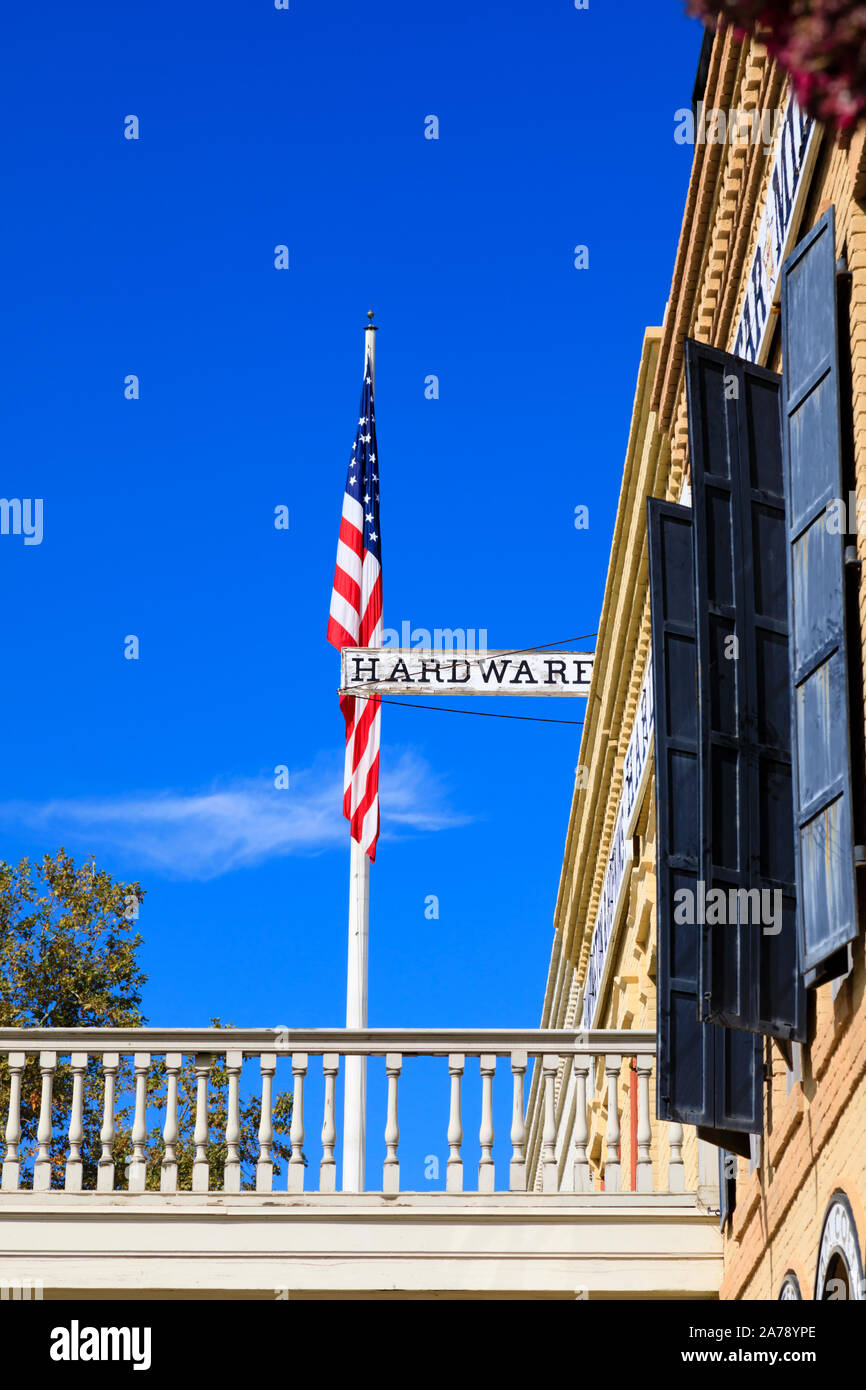 Huntington and & Hopkins Hardware store with National Flag, Old Town, Sacramento, State capital of California, United States of America. Stock Photo