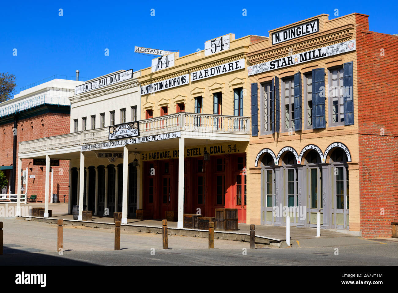 Pacific Rail Road, Huntington & hopkins hardware and N. Dingley Star Mill building. old Town, Sacramento, State capital of California, USA Stock Photo
