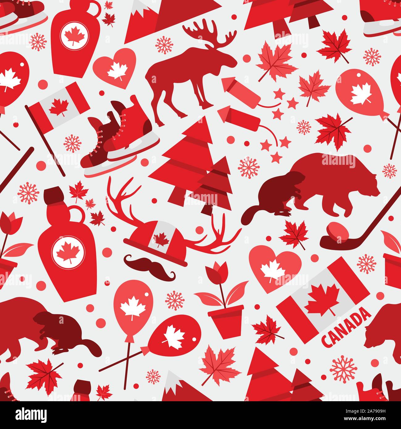 Canada sign and symbol, graphic elements flat icons set in seamless pattern. Stock Vector