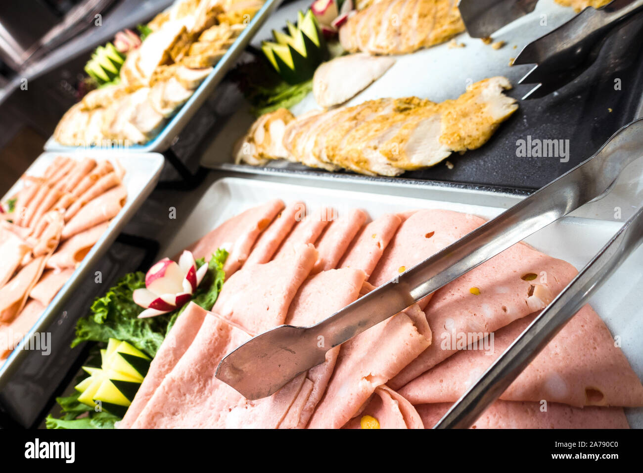 Cold salad meats for Lunch on board Queen Mary 2 Stock Photo