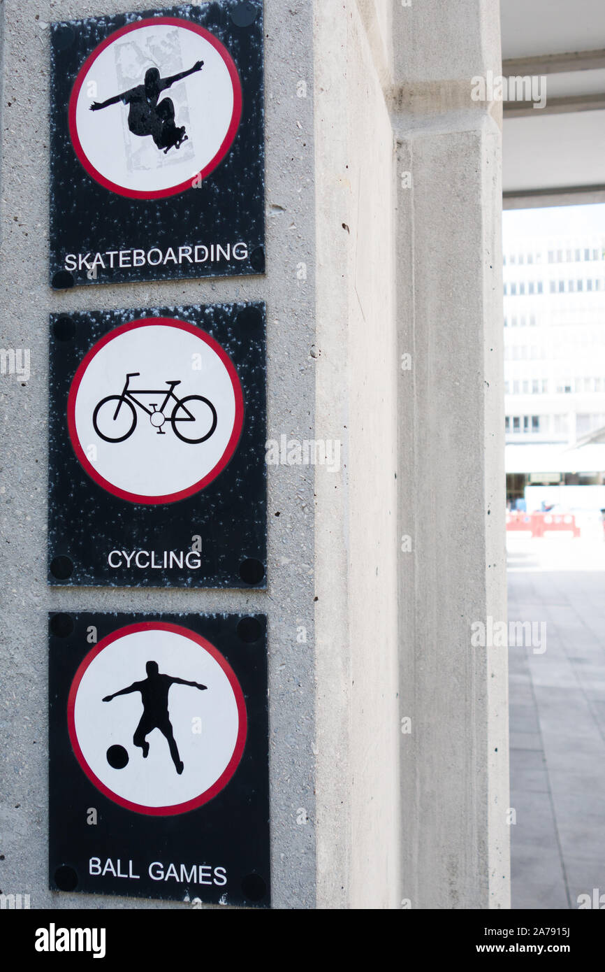 No skateboarding, no cycling, no ball games sign at the brunswick centre in central london Stock Photo