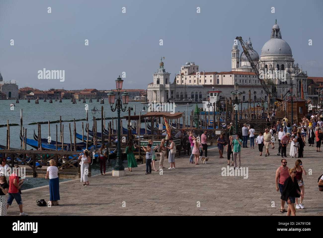 View of the busy water frontage with crowds of tourists and gondolas with the magnificent white building and dome of Punta della Dogma lit by the sun. Stock Photo