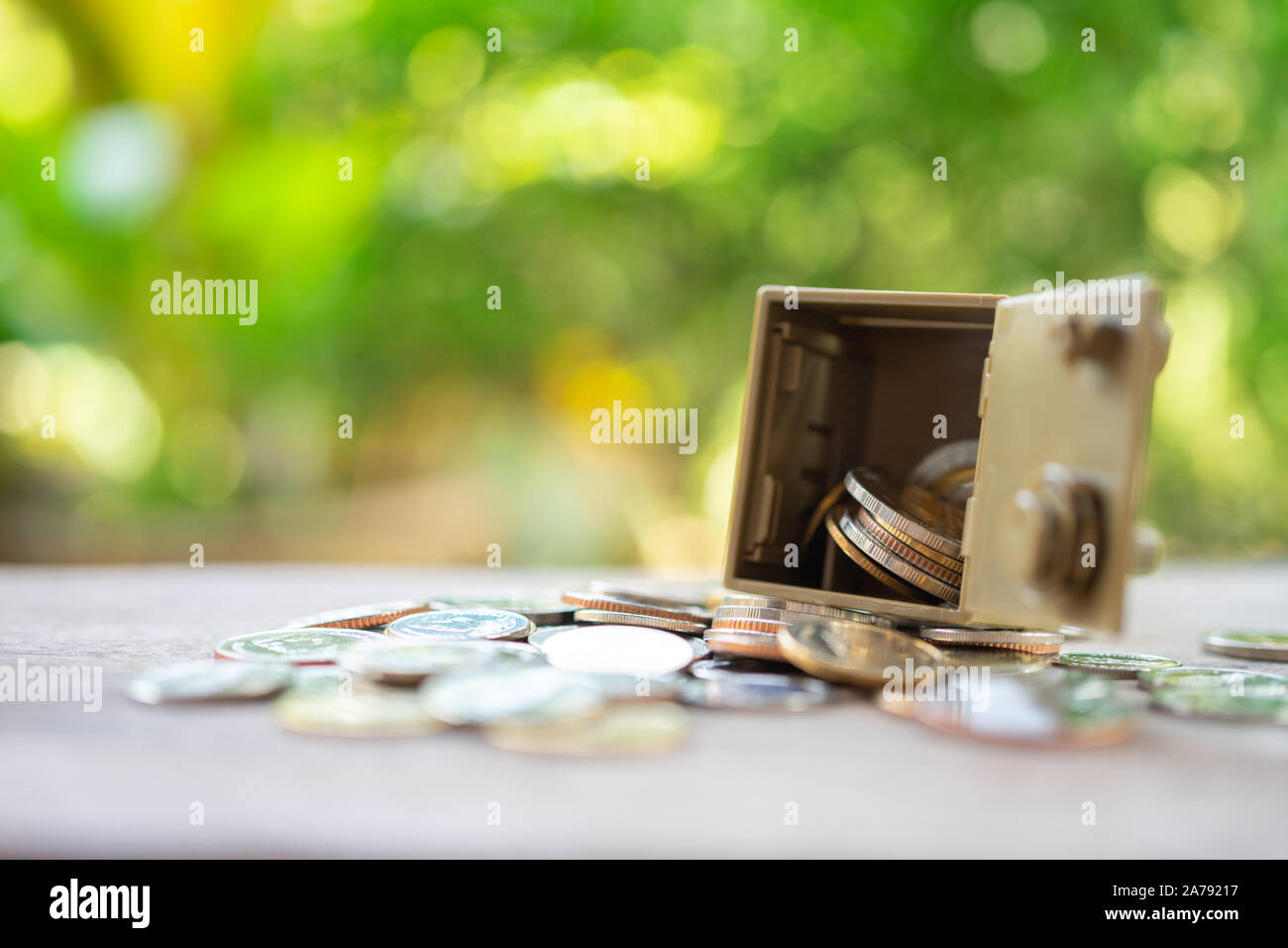 Coins in the safe deposit box, security concept, issuing property. using as background business concept and Security concept with copy space. Stock Photo