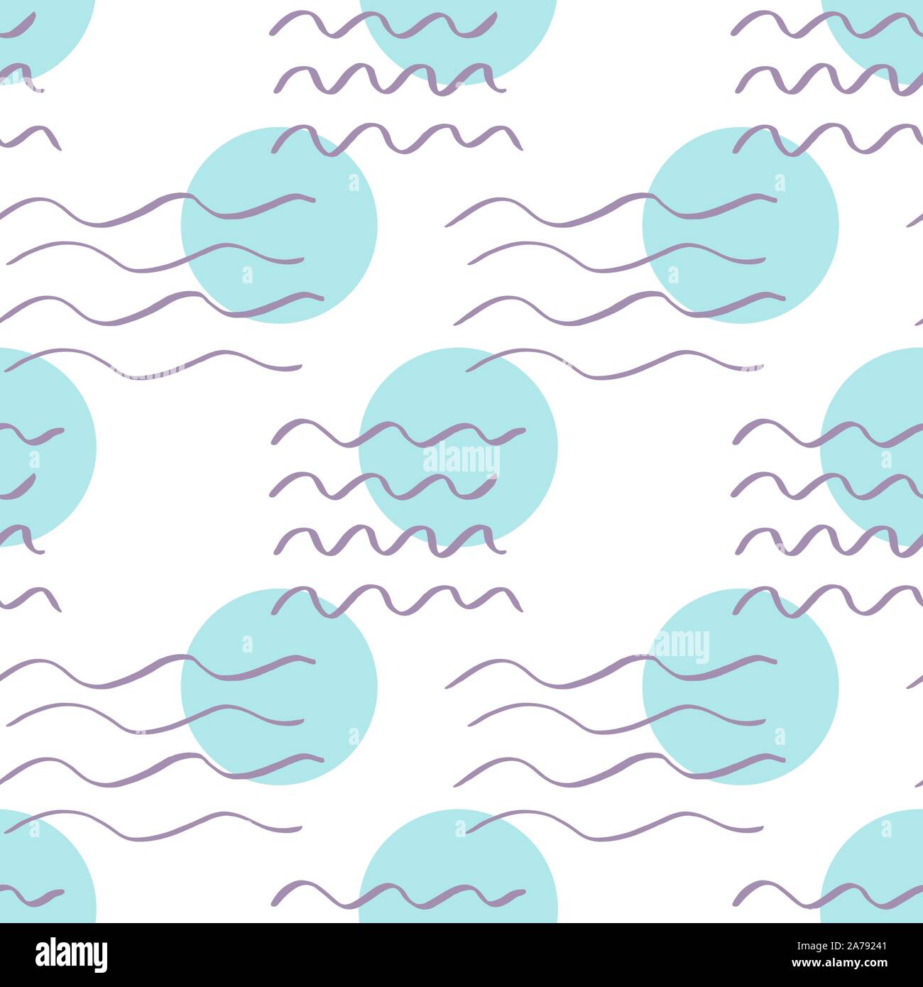 Handdrawn brush wave stroke and circle seamless pattern. Memphis style pattern. Abstract background. Stock Vector