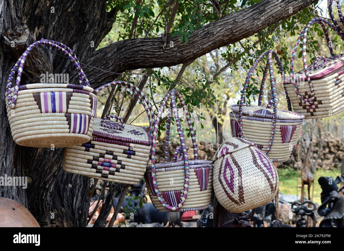 Traditional African Botswanan  woven bowls and baskets for sale at a street market Botswana Africa Stock Photo