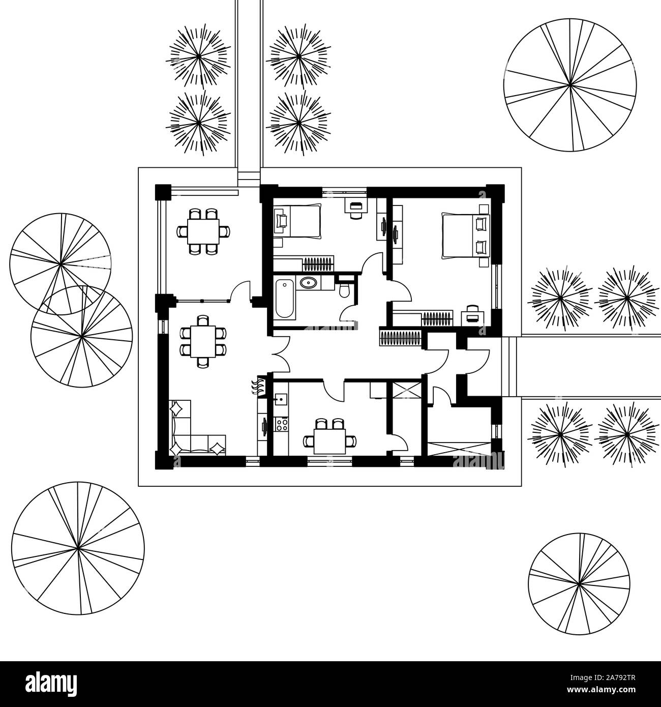 Architectural floor plan of a house. The drawing of the cottage. Isolated on white background. Vector black illustration EPS10 Stock Vector