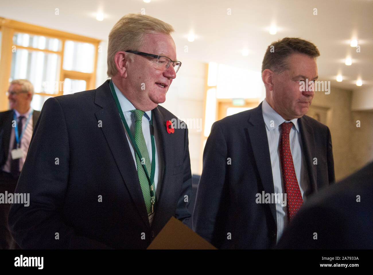 Edinburgh, UK. 31st Oct, 2019. Edinburgh, 31 October 2019. Pictured: (left) Jackson Carlaw MSP - Interim Leader of the Scottish Conservatives and Unionist Party; (right) Murdo Fraser MSP - Shadow Cabinet Secretary for Finance of the Scottish Conservative and Unionist Party. Weekly session of First Ministers Questions at the Scottish Parliament. Credit: Colin Fisher/Alamy Live News Stock Photo