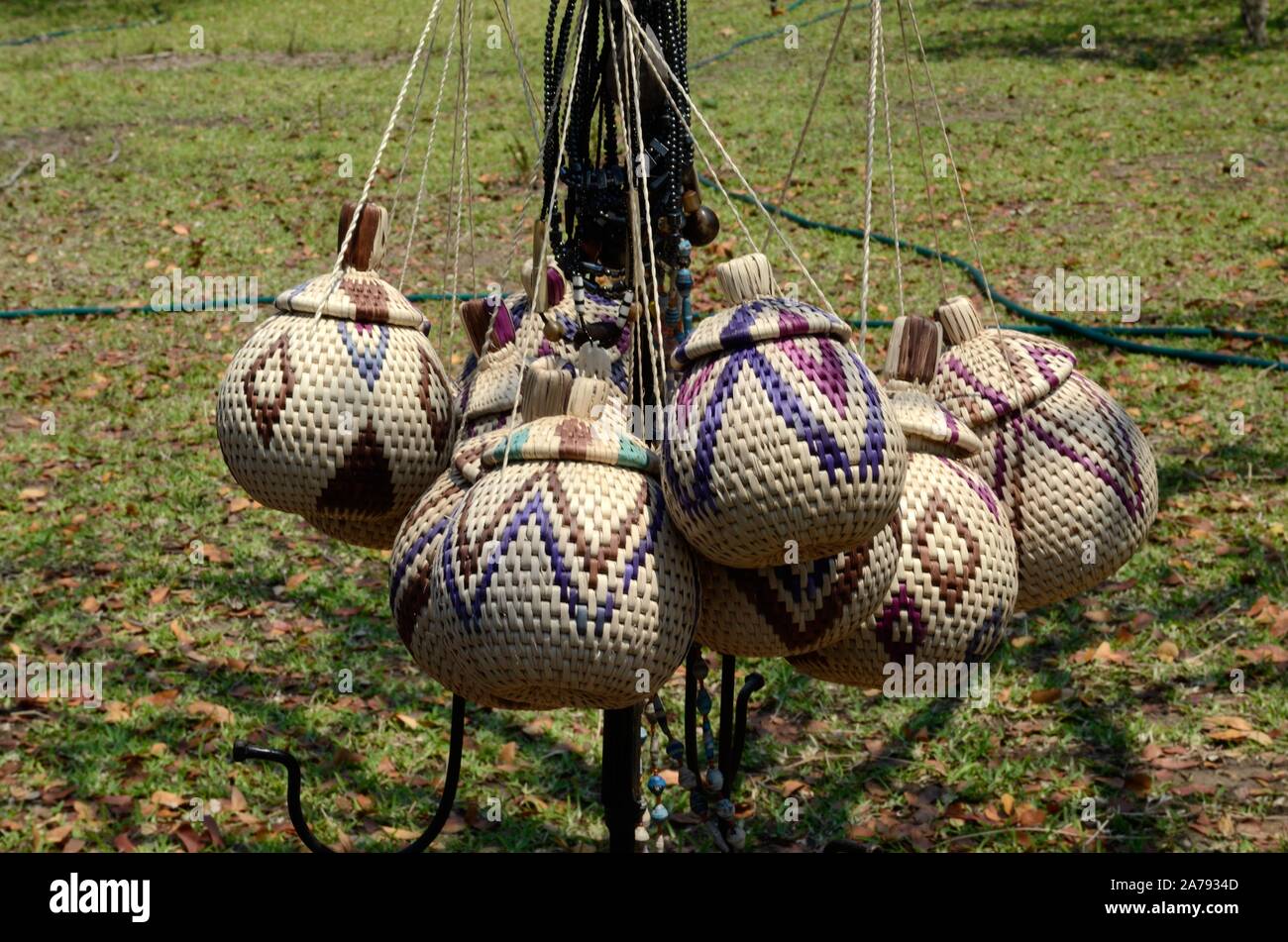 Traditional African Botswanan  woven bowls and baskets for sale at a street market Botswana Africa Stock Photo