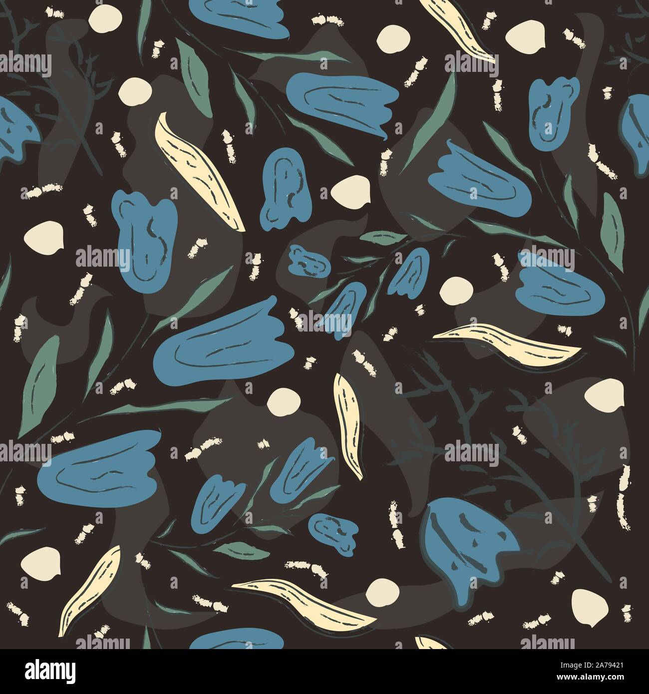 Hand Drawn Floral Seamless Pattern on dark. Vector Illustration Stock ...