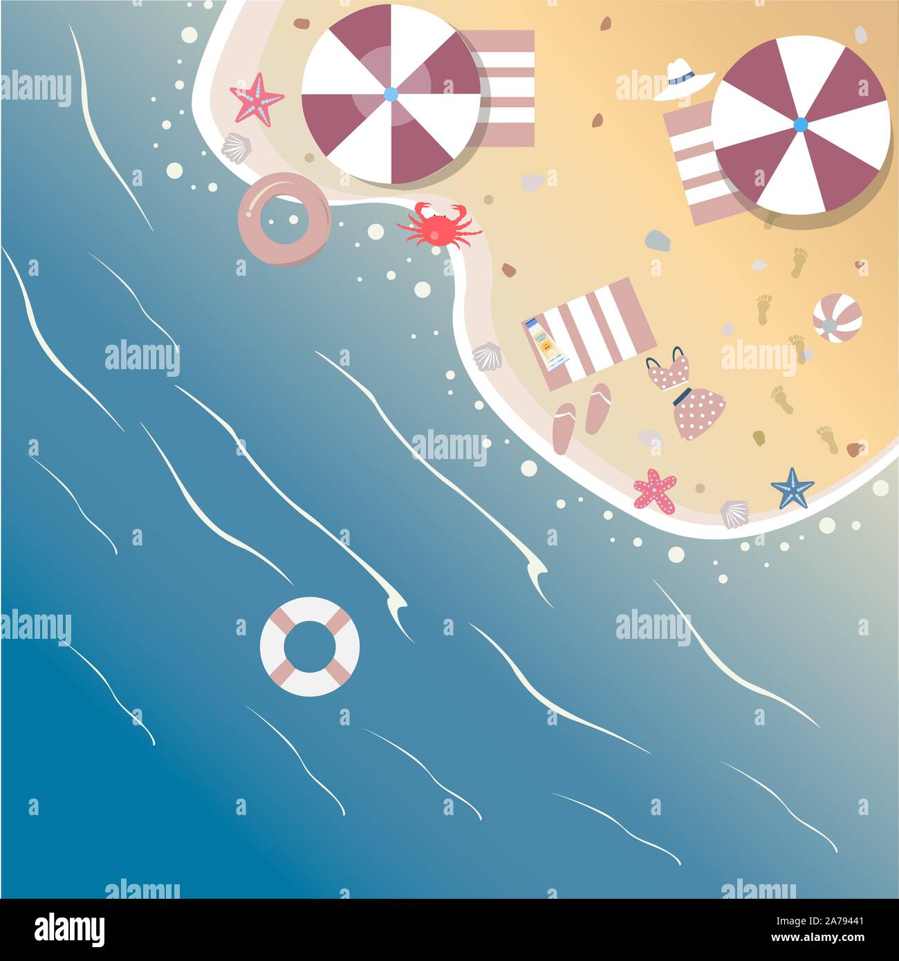 Summer Beach with umbrella, rubber ring, starfish, seashell, flip flops ...