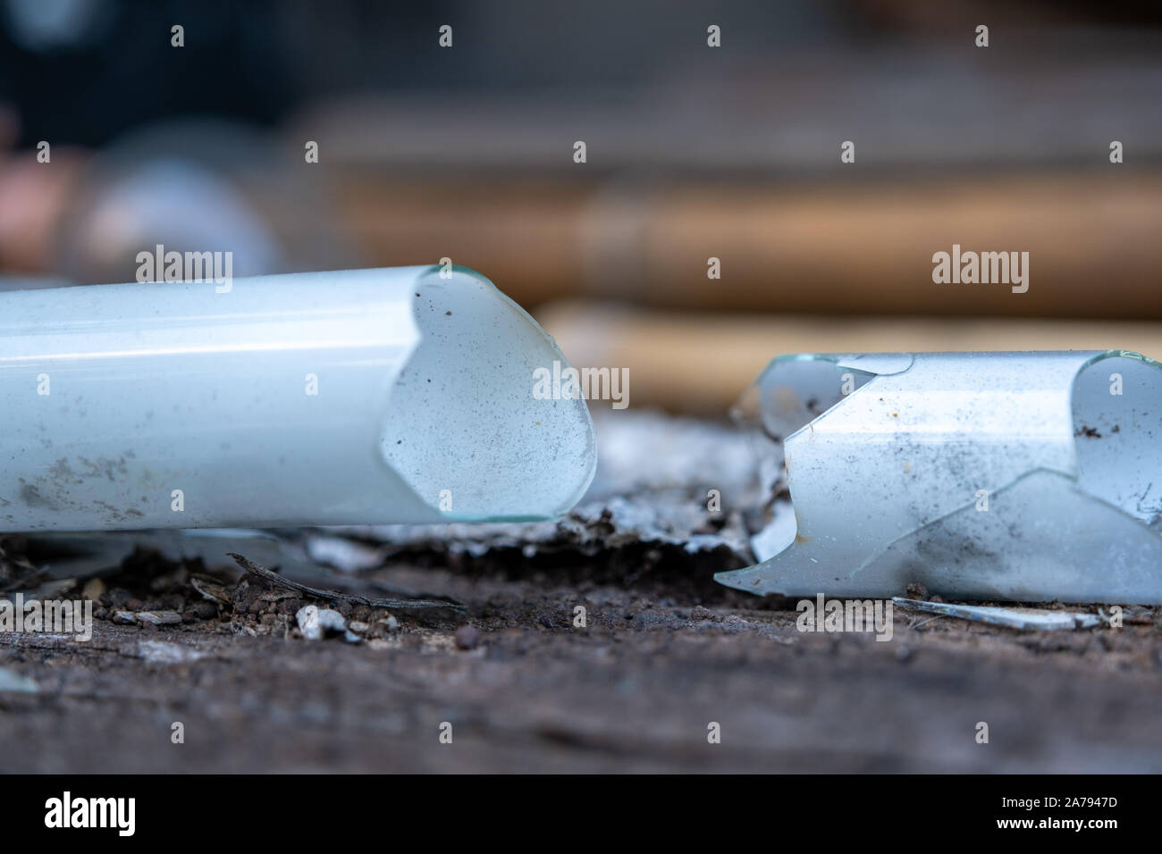 Select focus Pile of broken fluorescent light bulb is danger for health with blur background Stock Photo