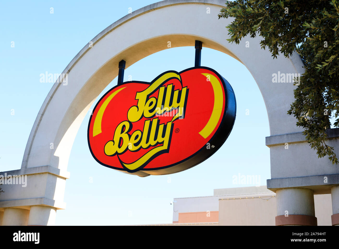 Entrance to the Jelly Belly factory Store, 1 Jelly Belly lane, sign:entranceFairfield, California, United States of America. Stock Photo