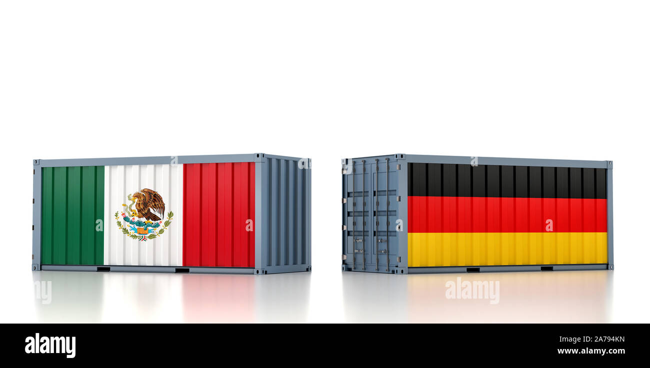 Two freight container with Mexico and Germany flag. 3D Rendering Stock Photo