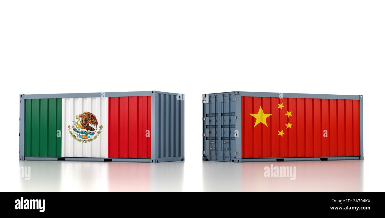 Two freight container with Mexico and China flag. 3D Rendering Stock Photo