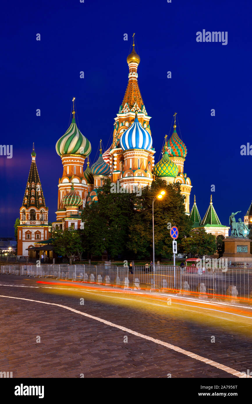 St. Basil's Cathedral and the Red Square at dusk, Moscow, Russia Stock Photo