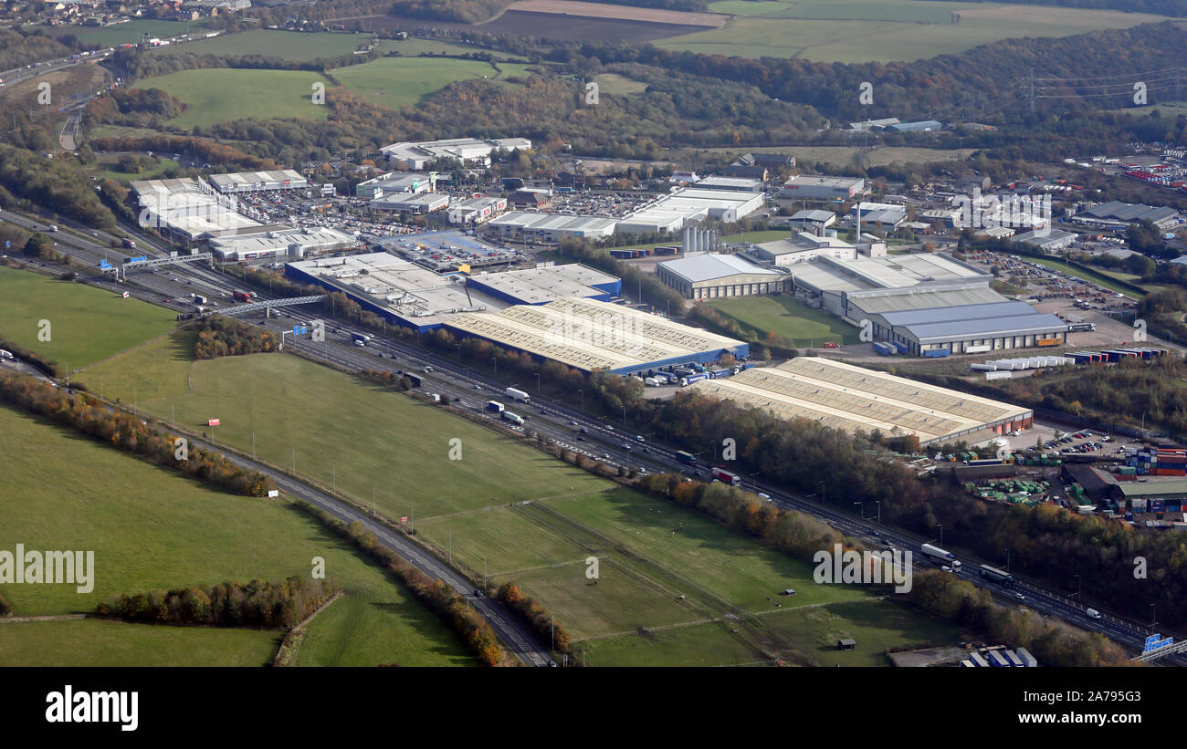aerial view of industry, units including IKEA, at Birstall, Batley