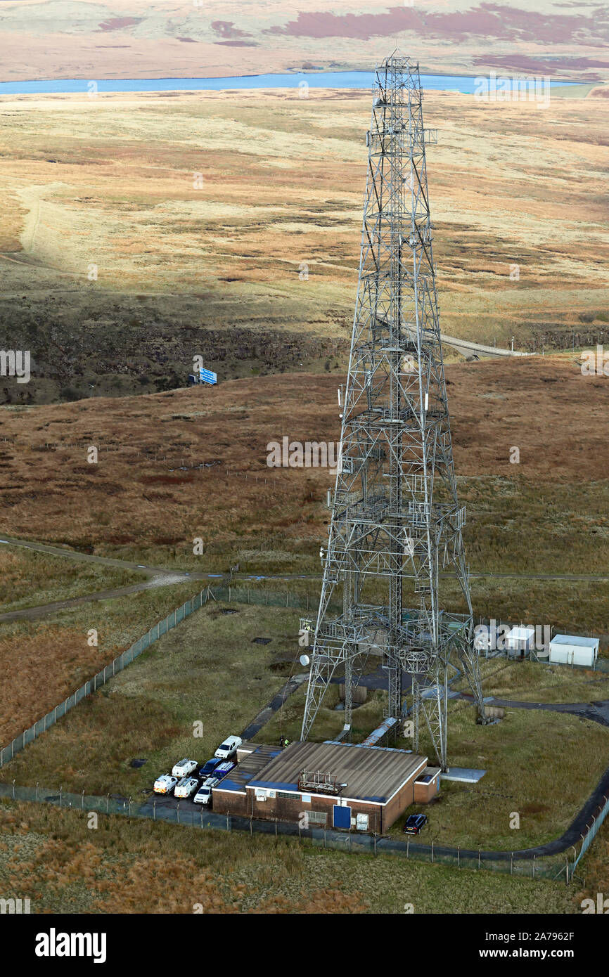 aerial view of Windy Hill Transmitter on the Pennines, Littleborough OL15, UK Stock Photo