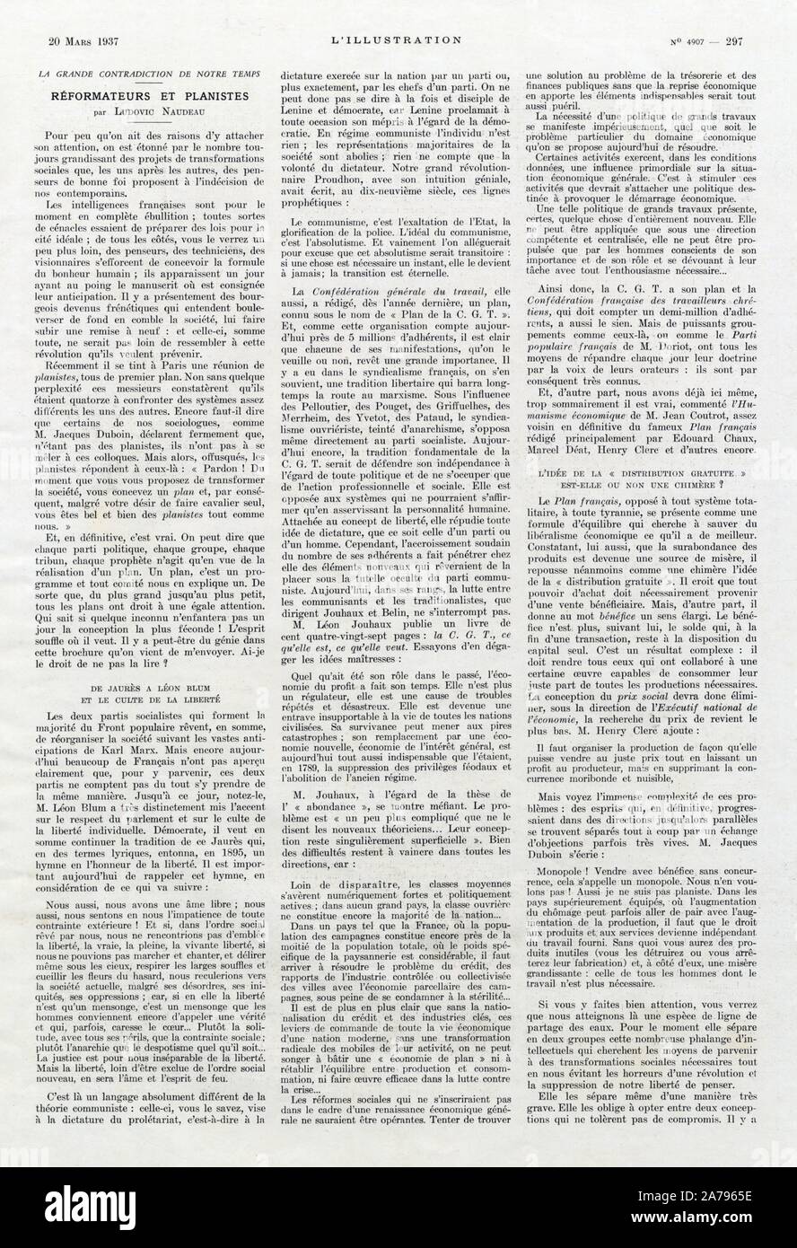 LA GRANDE CONTRADICTION DE NOTRE TEMPS. RÉFORMATEURS ET PLANISTES PAR LUDOVIC NAUDEAU. PAGE 1 SUR 2. 20 mars 1937. l'illustration Stock Photo