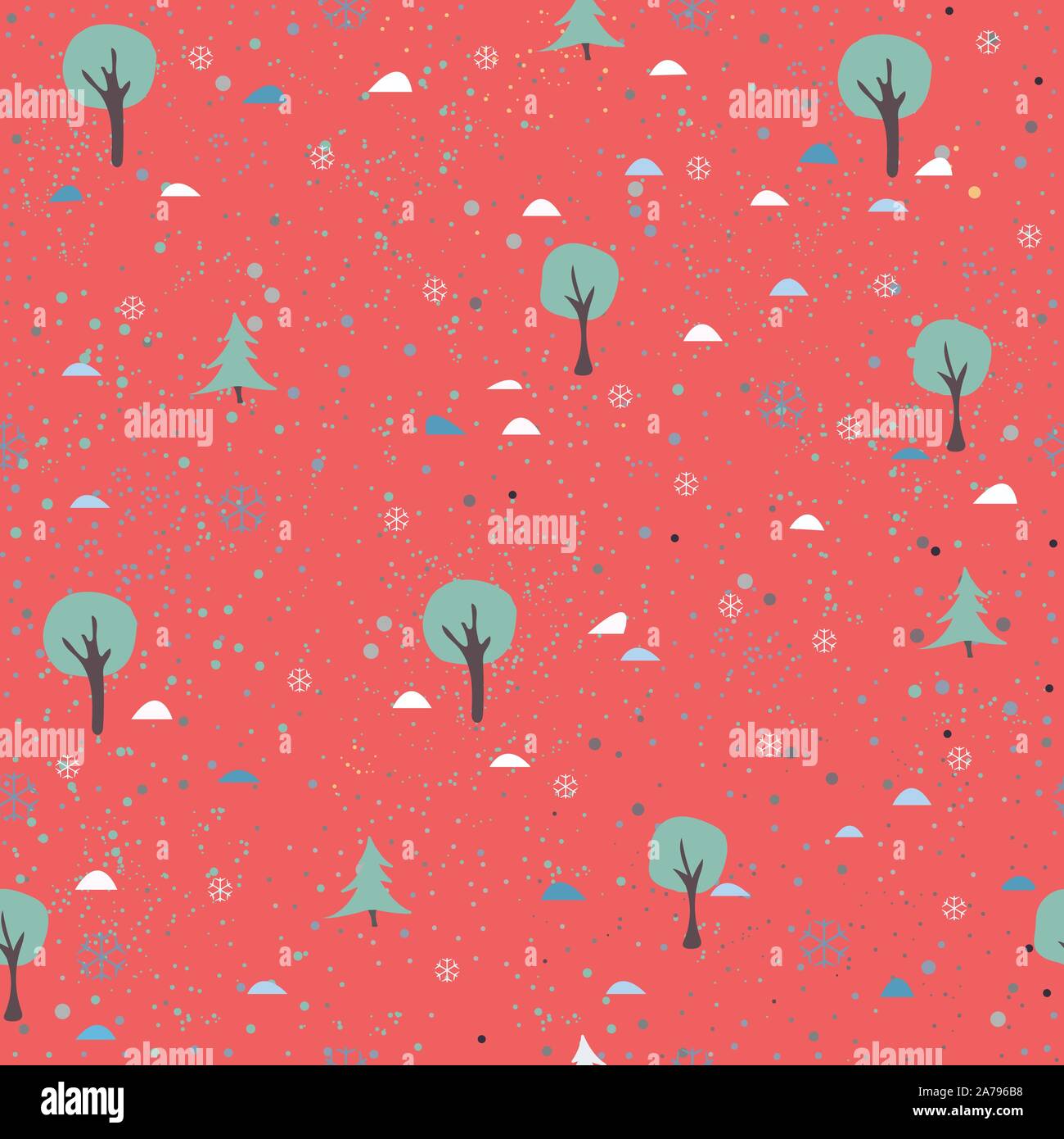 Tree Seamless Pattern on red background with dots. Vector Illustration ...