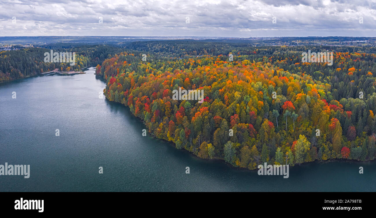 Aerial Drone view of colorful top of the forest and a lake at Autumn ...