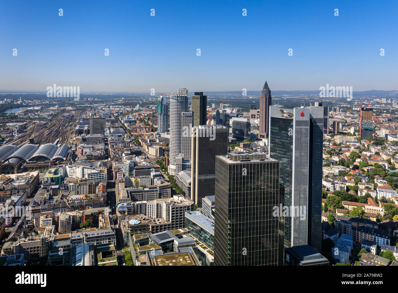 Frankfurt from above, panoramic view of the skyline and skyscrapers of the financial district in the city, Frankfurt am Main, Hesse, Germany Stock Photo