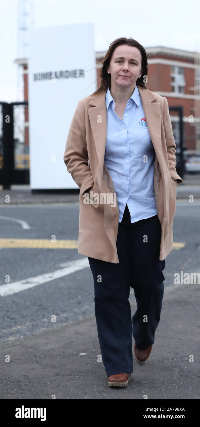 Susan Fitzgerald, Unite regional coordinating officer, outside the Bombardier factory in Belfast which has been sold to US firm Spirit AeroSystems. Stock Photo